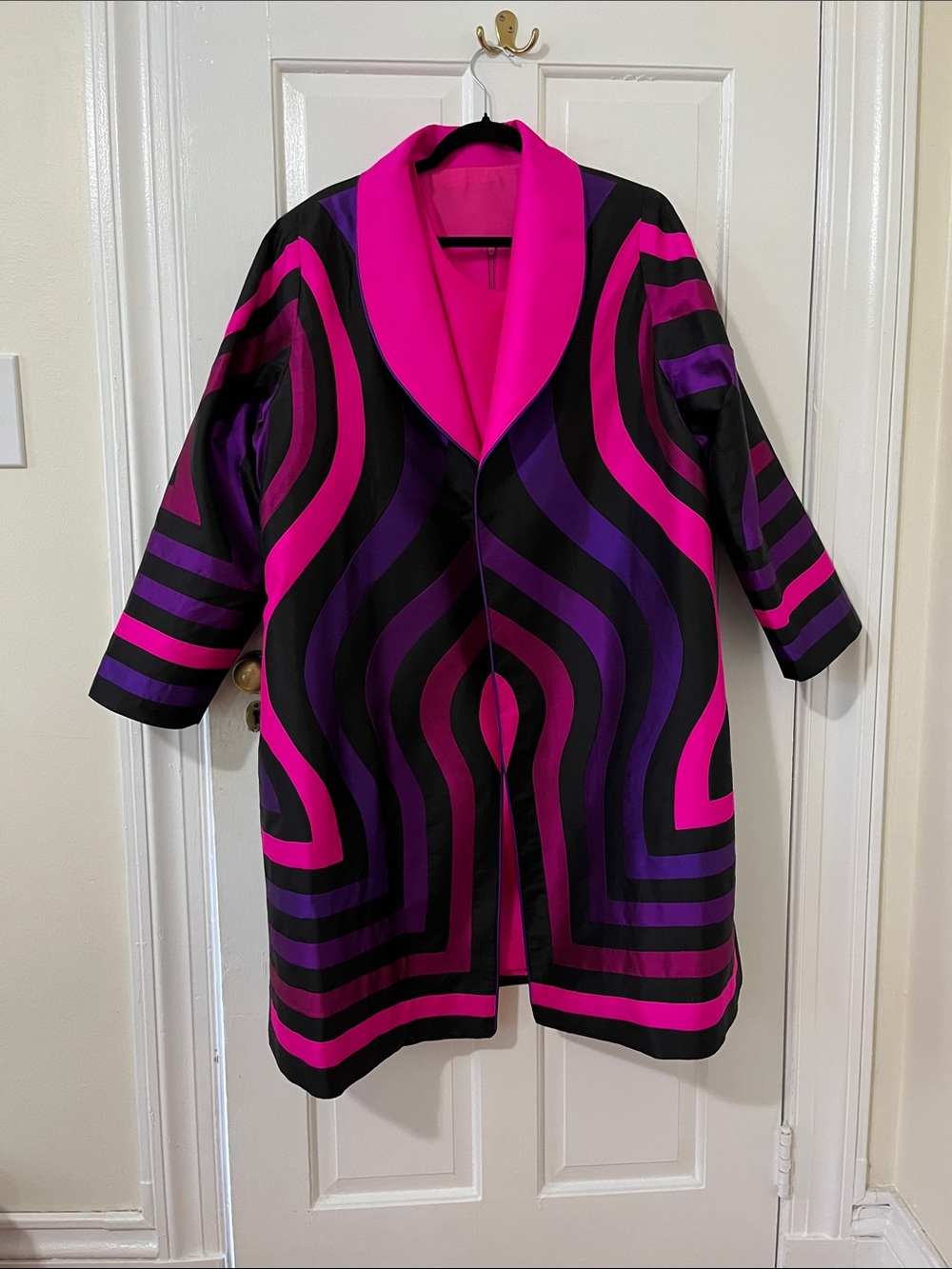 Bold Fuchsia and Purple Patterned Midi Duster with Fushia Dress
